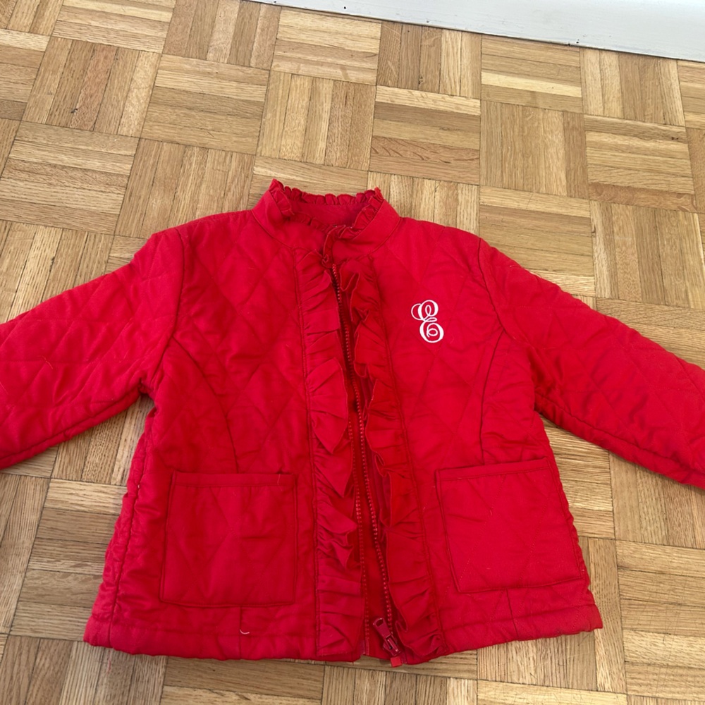 Classic Whimsy Red Quilted Kids Jacket 3T, “E” embroidered